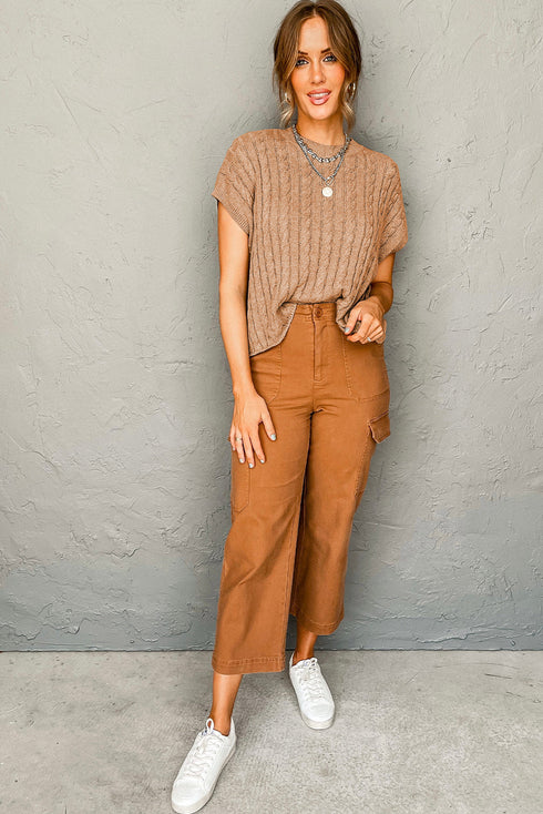 Crew Neck Cable Knit Short Sleeve Sweater